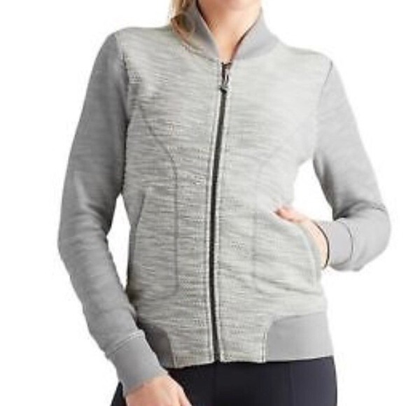 Athleta Bombastic Bomber Jacket Womens Size XL Heather Gray Full Zip Slub Knit - Picture 1 of 11